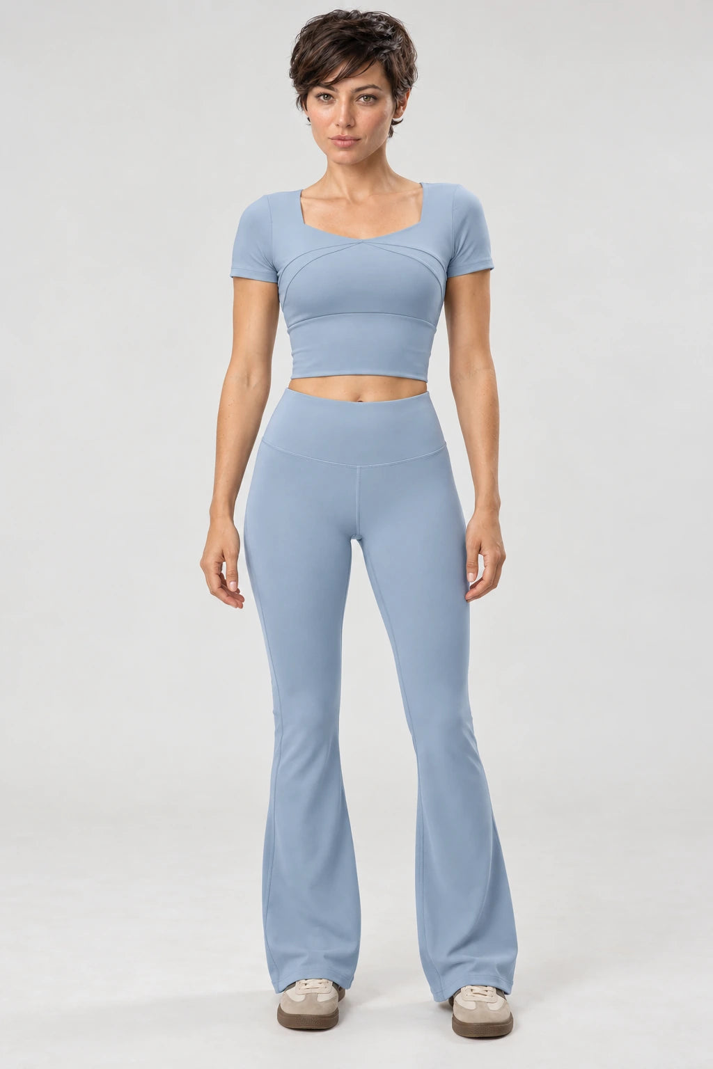 WEARHUB Polyester-Spandex Stretch Flared Yoga Pants — Gunmetal Grey, front view