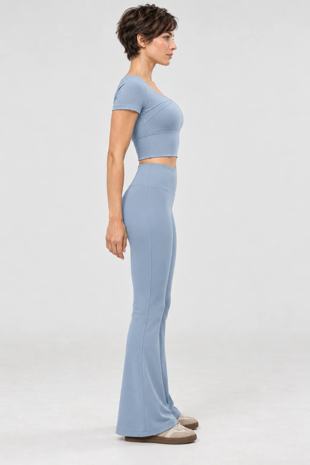 WEARHUB Polyester-Spandex Stretch Flared Yoga Pants — Gunmetal Grey, side view