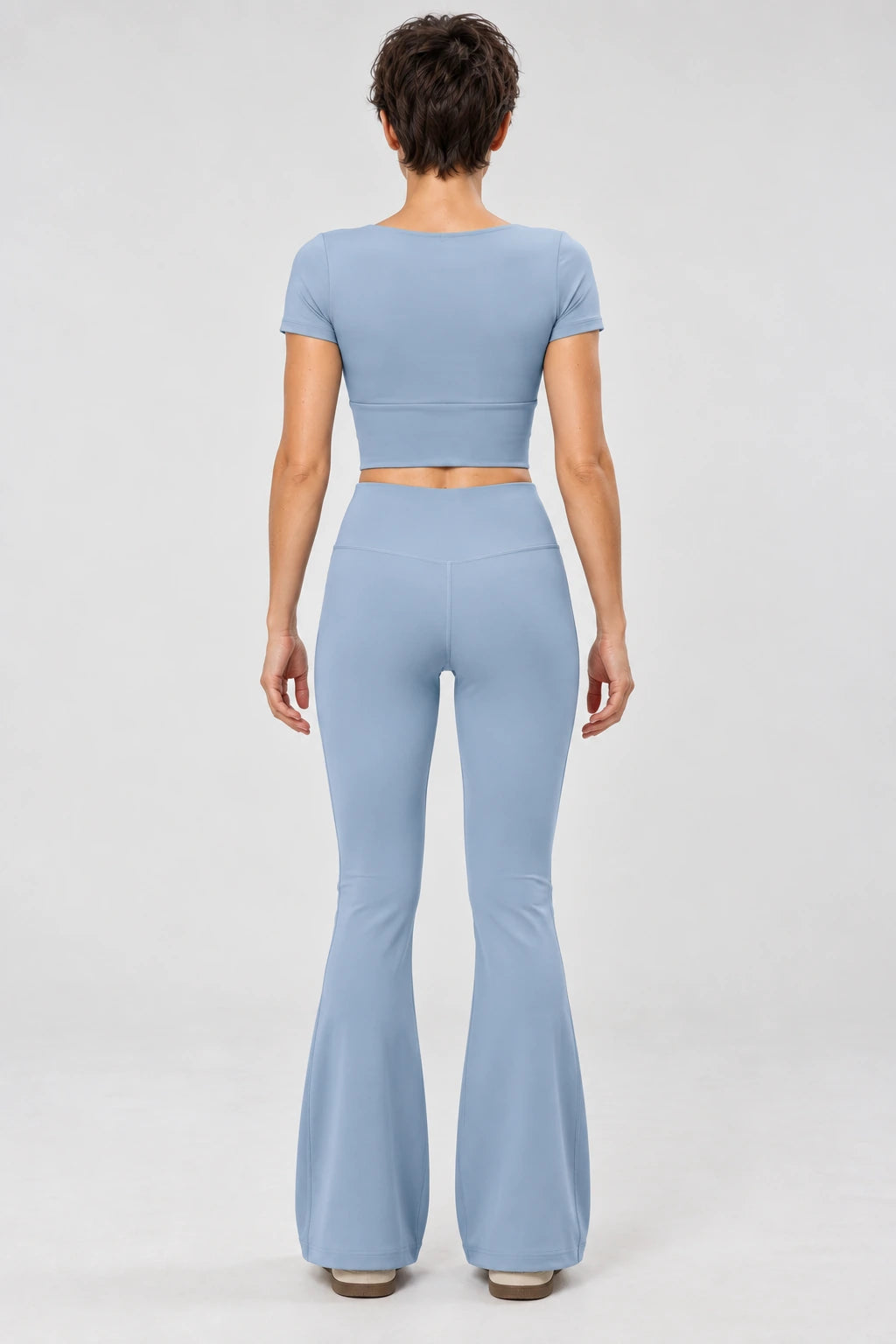WEARHUB Polyester-Spandex Stretch Flared Yoga Pants — Gunmetal Grey, back view