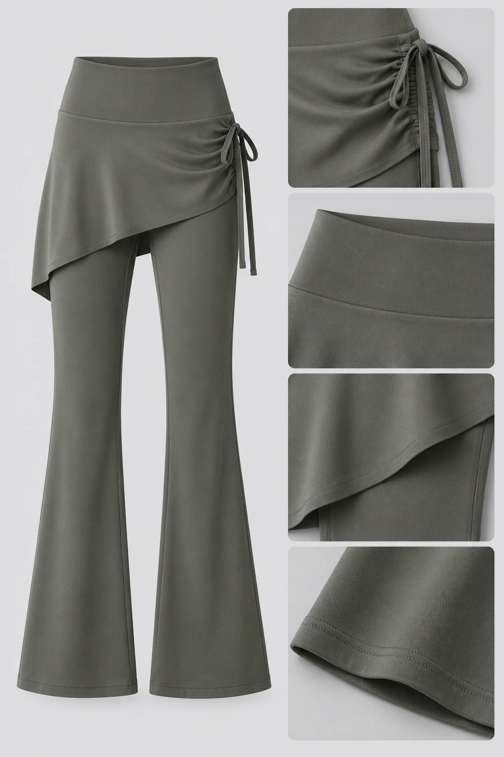 WEARHUB Polyester-Spandex Ruched Flared Active Skort Pants — Starry Black, fabric and stitching details