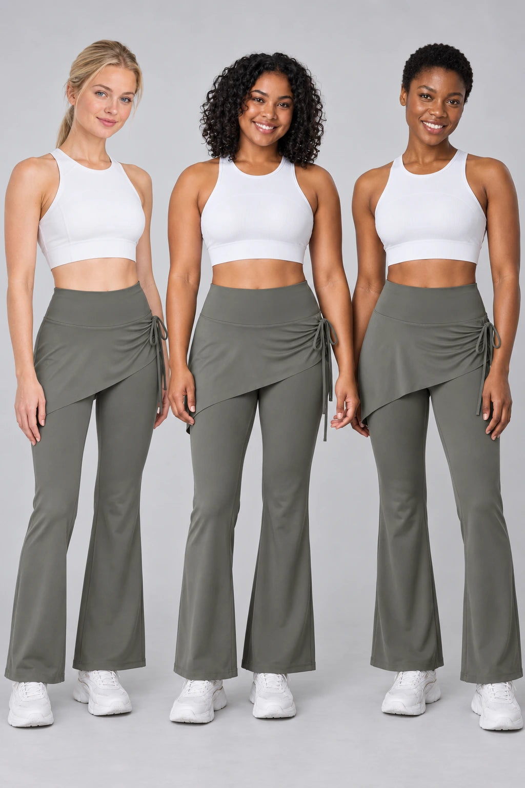 WEARHUB Polyester-Spandex Ruched Flared Active Skort Pants — Starry Black, shown on multiple models