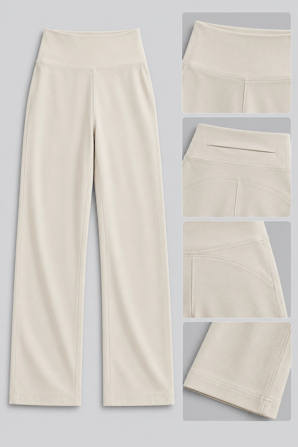 WEARHUB Polyester-Spandex Petite Back-Pocket Straight-Leg Pants — Water Chestnut White, fabric and stitching details