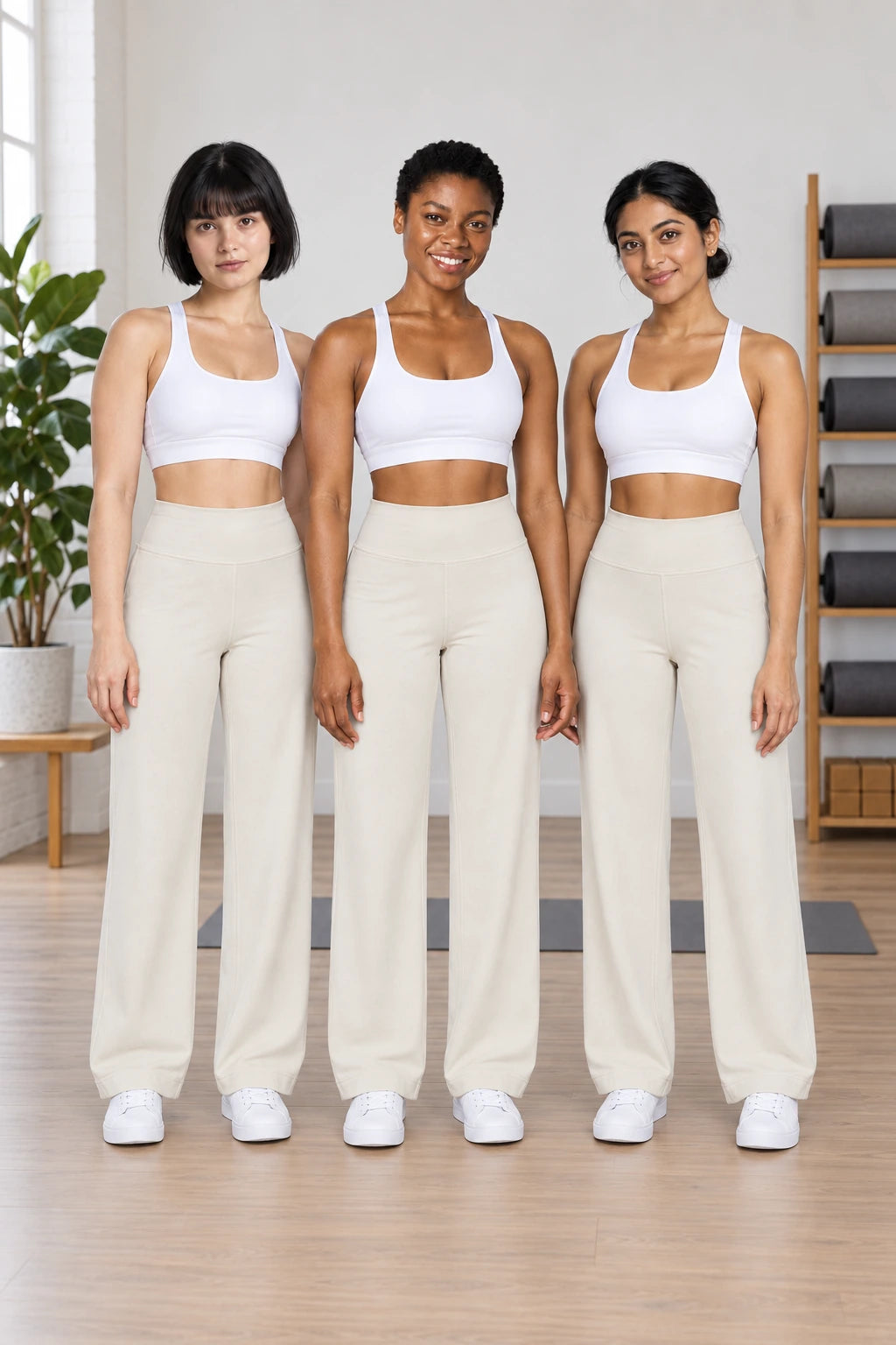 WEARHUB Polyester-Spandex Petite Back-Pocket Straight-Leg Pants — Water Chestnut White, shown on multiple models
