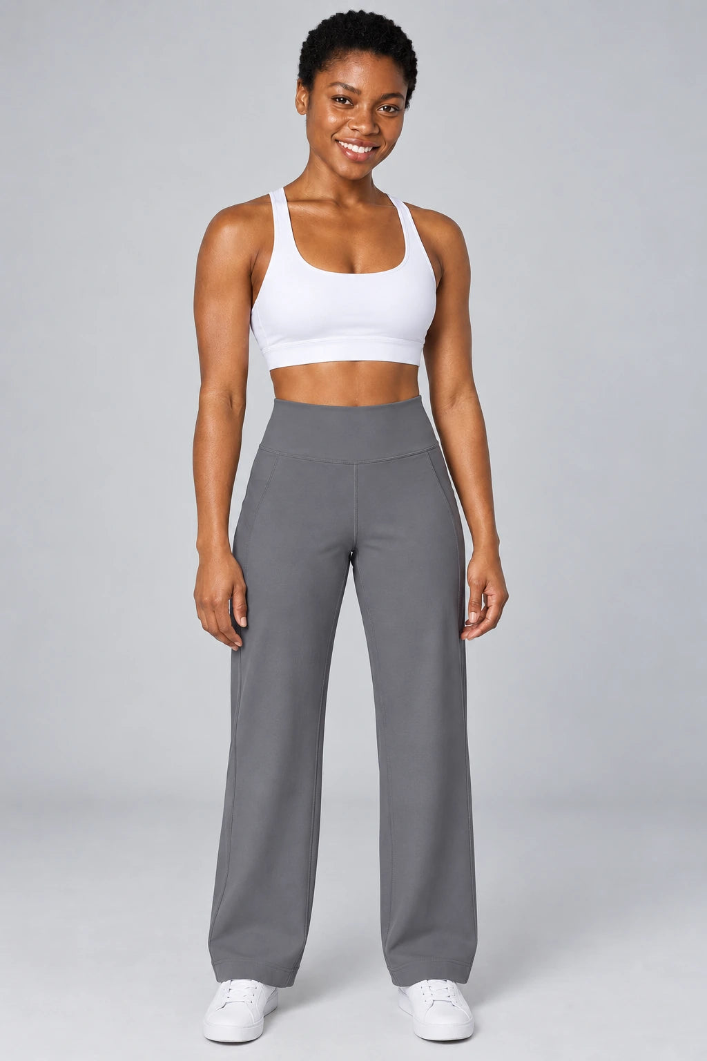 WEARHUB Polyester-Spandex Petite Back-Pocket Straight-Leg Pants — Rock Grey, front view