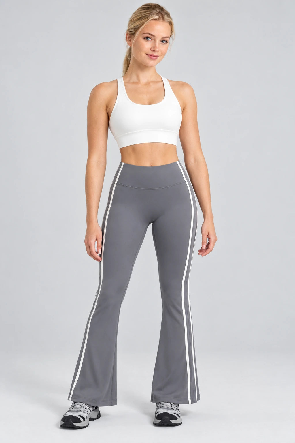 WEARHUB Polyester-Spandex Contour-Line Flared Pants — Rock Grey, front view