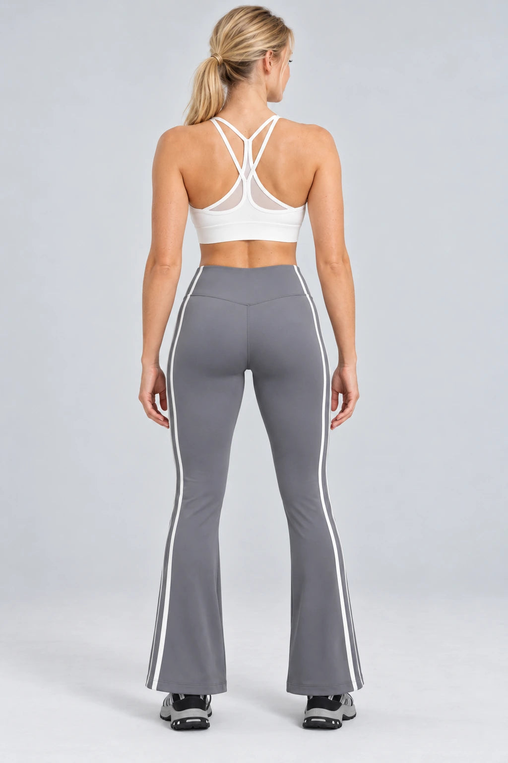 WEARHUB Polyester-Spandex Contour-Line Flared Pants — Rock Grey, back view