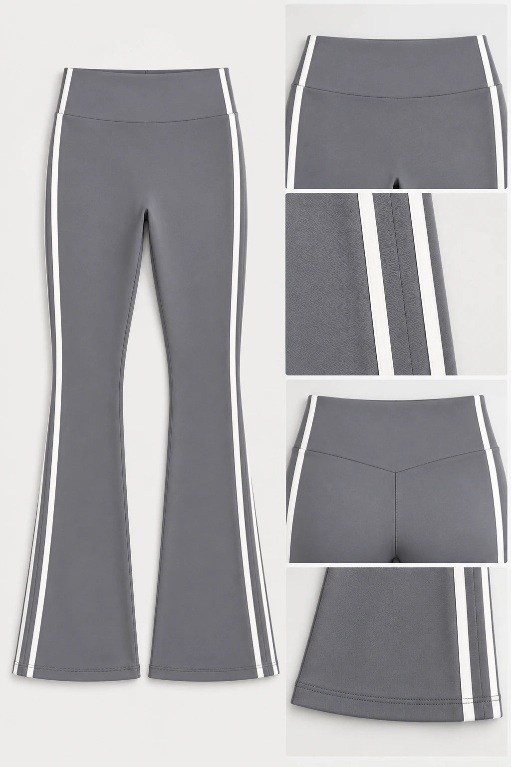 WEARHUB Polyester-Spandex Contour-Line Flared Pants — Rock Grey, fabric and stitching details
