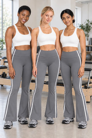WEARHUB Polyester-Spandex Contour-Line Flared Pants — Rock Grey, shown on multiple models