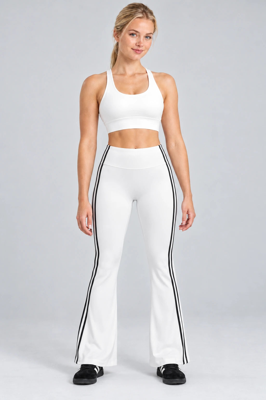 WEARHUB Polyester-Spandex Contour-Line Flared Pants — White, front view