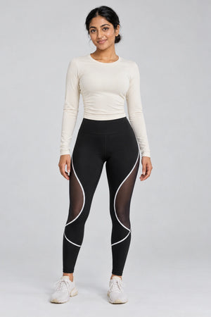WEARHUB Polyester-Spandex Color-Block Mesh-Panel Active Leggings — Black, front view