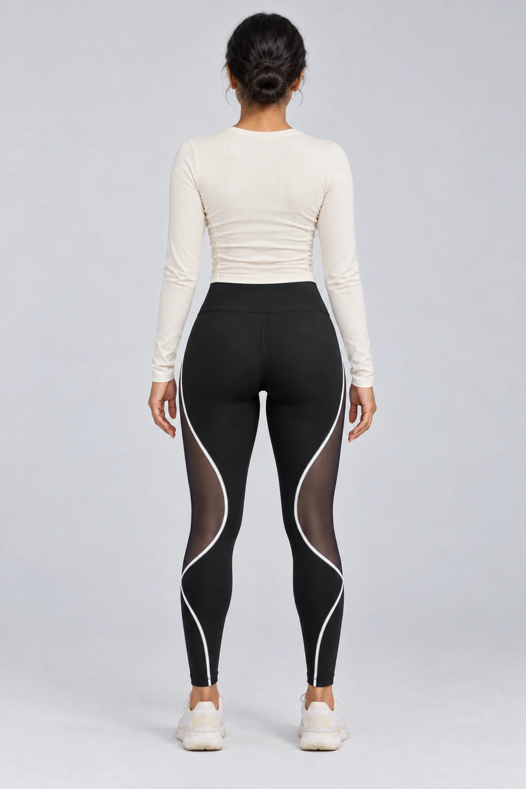 WEARHUB Polyester-Spandex Color-Block Mesh-Panel Active Leggings — Black, back view