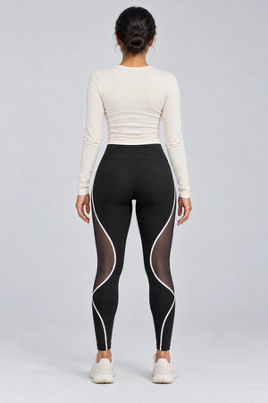 WEARHUB Polyester-Spandex Color-Block Mesh-Panel Active Leggings — Black, back view