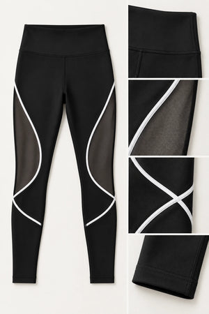 WEARHUB Polyester-Spandex Color-Block Mesh-Panel Active Leggings — Black, fabric and stitching details