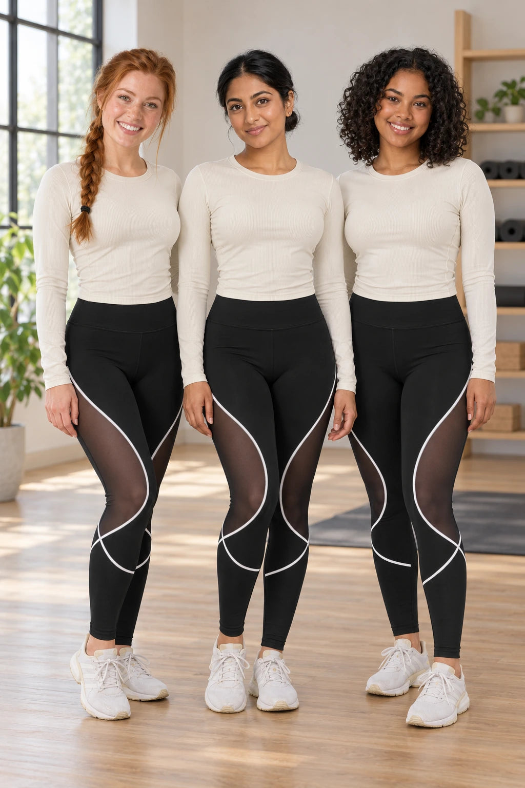 WEARHUB Polyester-Spandex Color-Block Mesh-Panel Active Leggings — Black, shown on multiple models