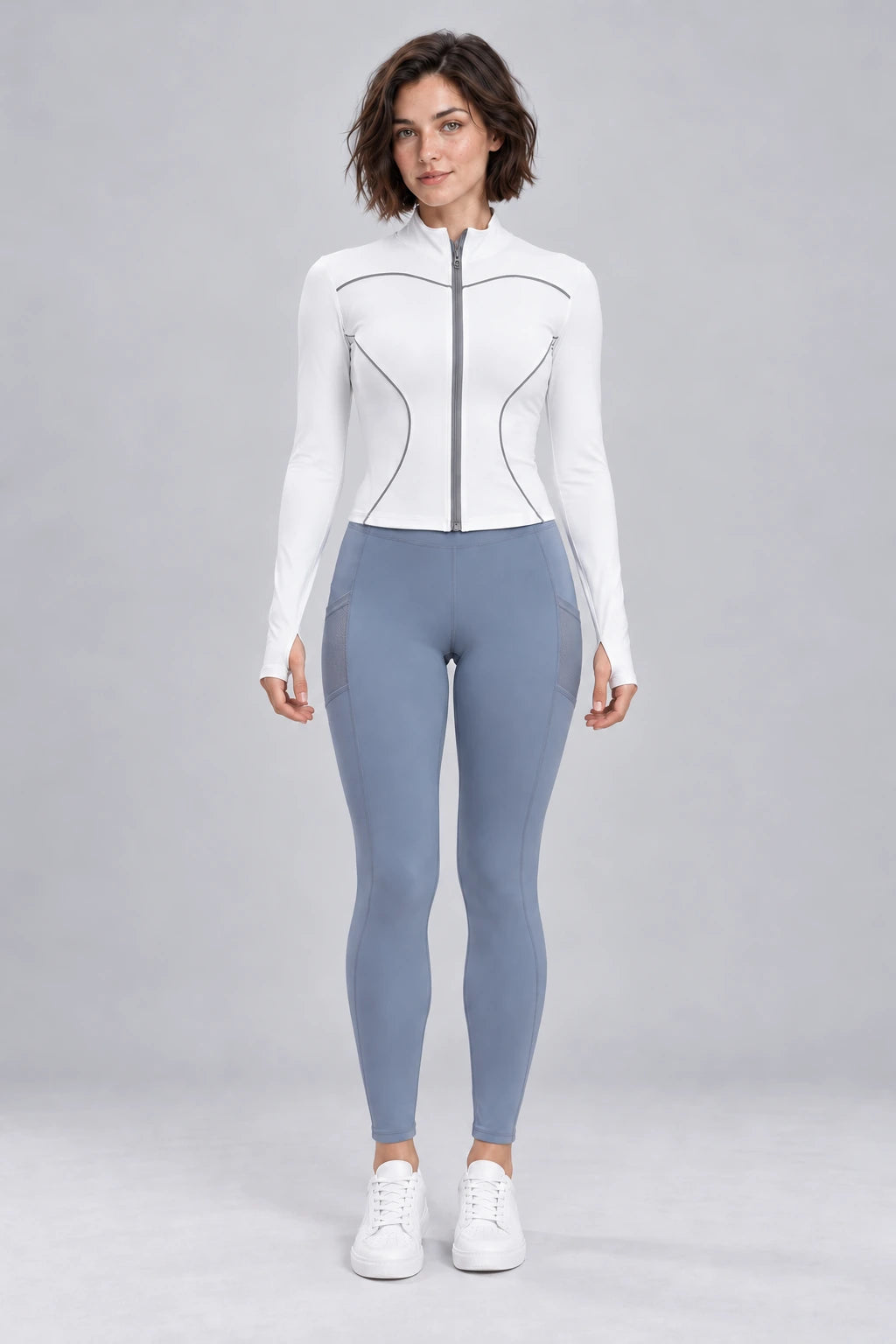 WEARHUB Polyester-Spandex Mesh-Panel Side-Pocket Active Leggings — Lake Grey Blue, front view