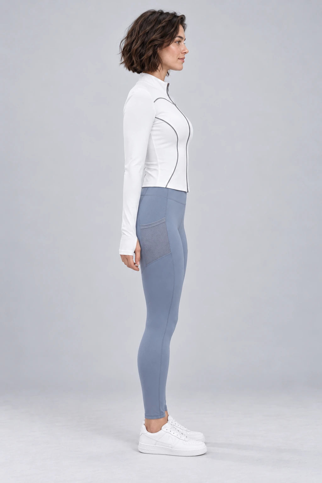 WEARHUB Polyester-Spandex Mesh-Panel Side-Pocket Active Leggings — Lake Grey Blue, side view