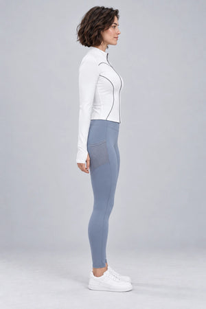WEARHUB Polyester-Spandex Mesh-Panel Side-Pocket Active Leggings — Lake Grey Blue, side view