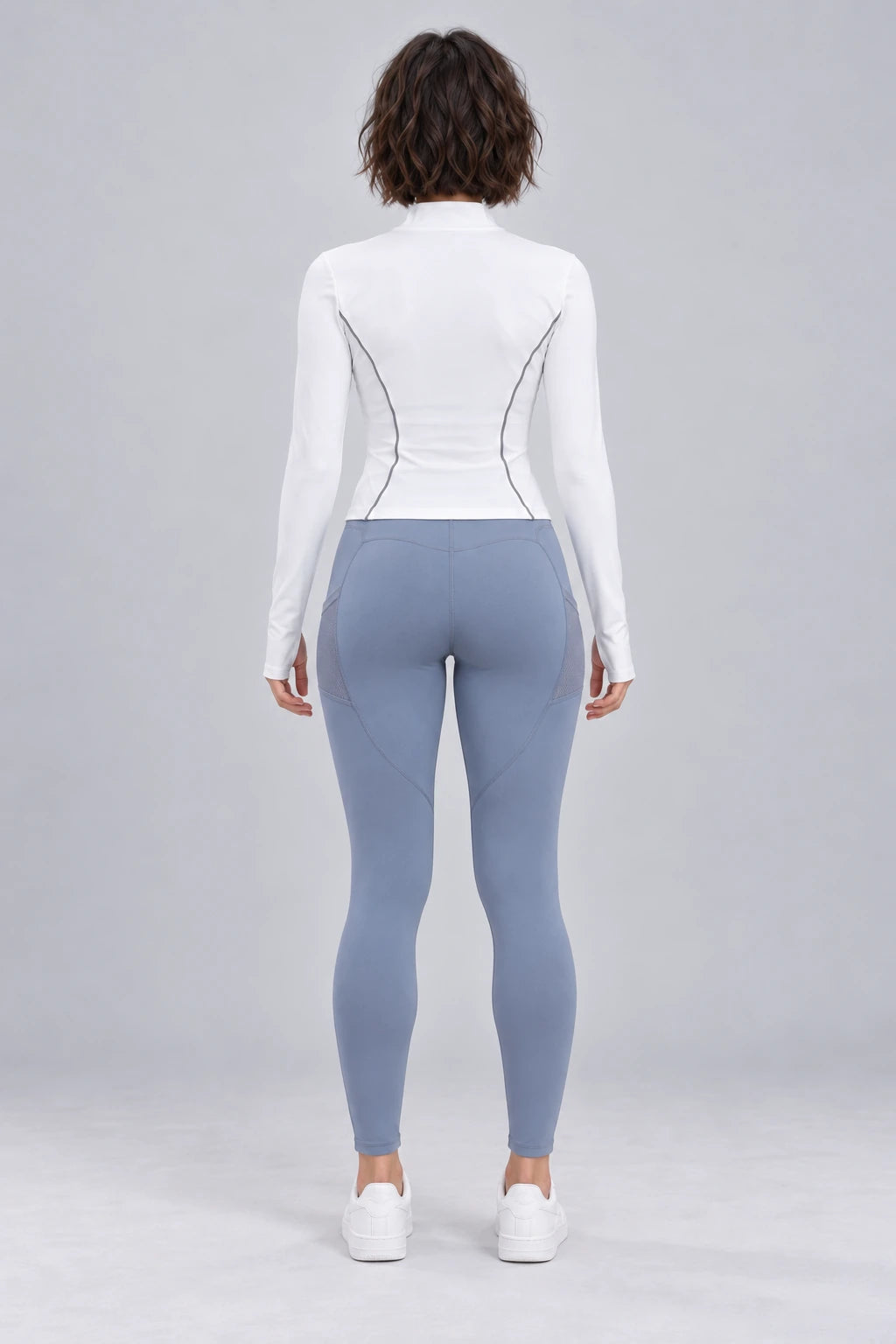 WEARHUB Polyester-Spandex Mesh-Panel Side-Pocket Active Leggings — Lake Grey Blue, back view
