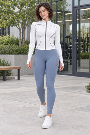 WEARHUB Polyester-Spandex Mesh-Panel Side-Pocket Active Leggings — Lake Grey Blue, lifestyle view
