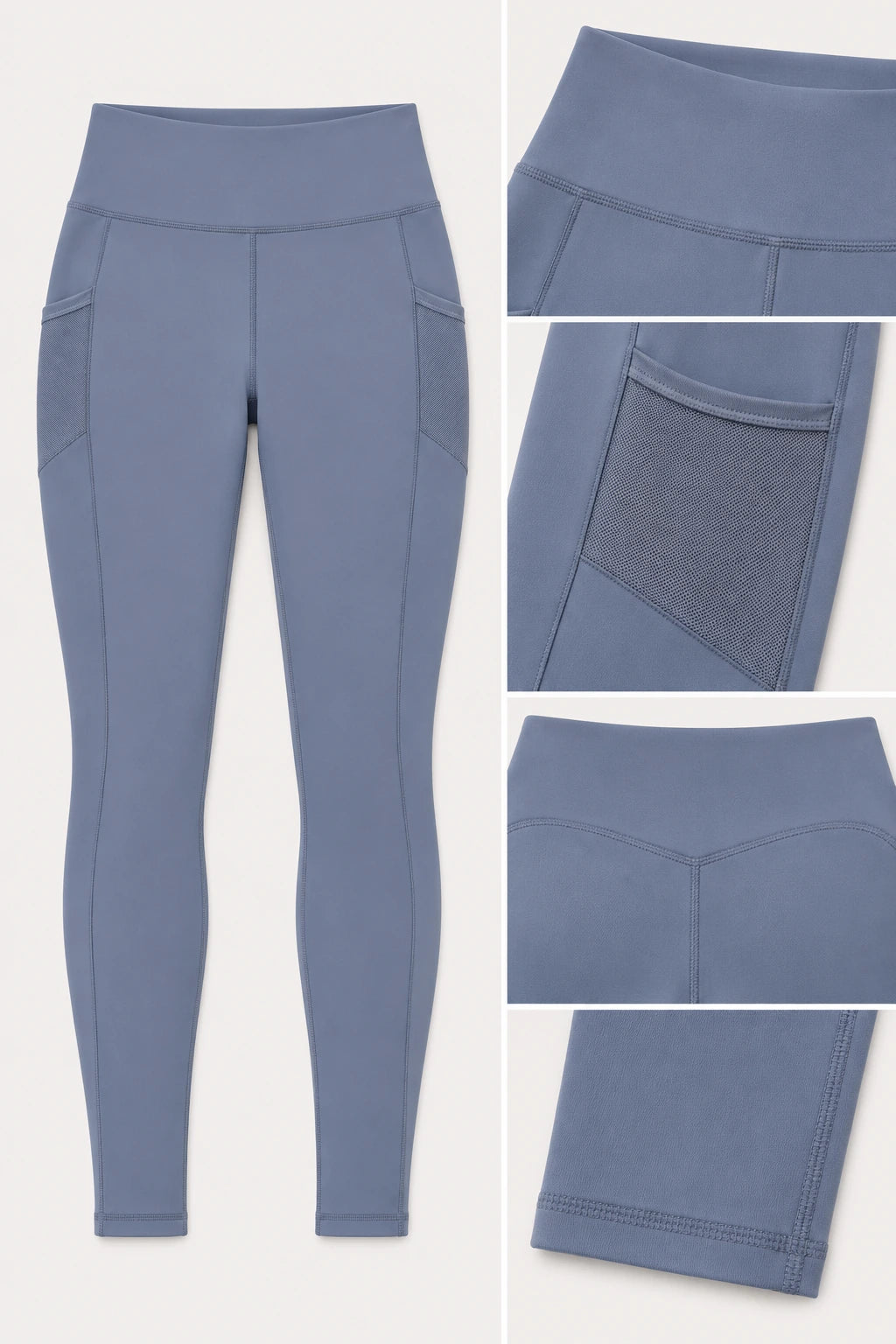 WEARHUB Polyester-Spandex Mesh-Panel Side-Pocket Active Leggings — Lake Grey Blue, fabric and stitching details
