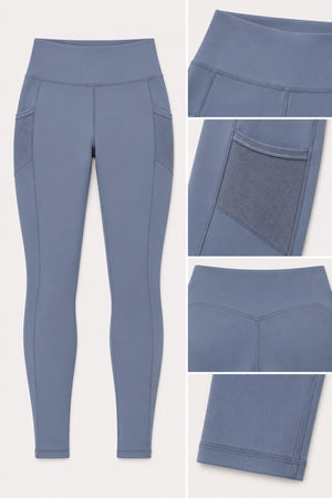 WEARHUB Polyester-Spandex Mesh-Panel Side-Pocket Active Leggings — Lake Grey Blue, fabric and stitching details