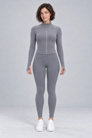 WEARHUB Polyester-Spandex Mesh-Panel Side-Pocket Active Leggings — Rock Grey, front view