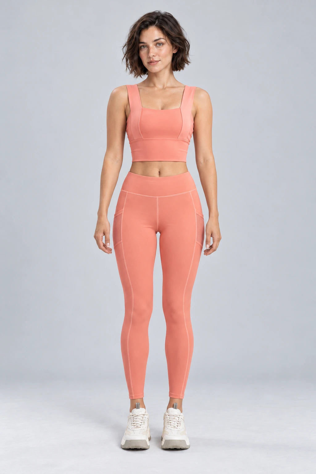 WEARHUB Polyester-Spandex Mesh-Panel Side-Pocket Active Leggings — Grapefruit Pink, front view