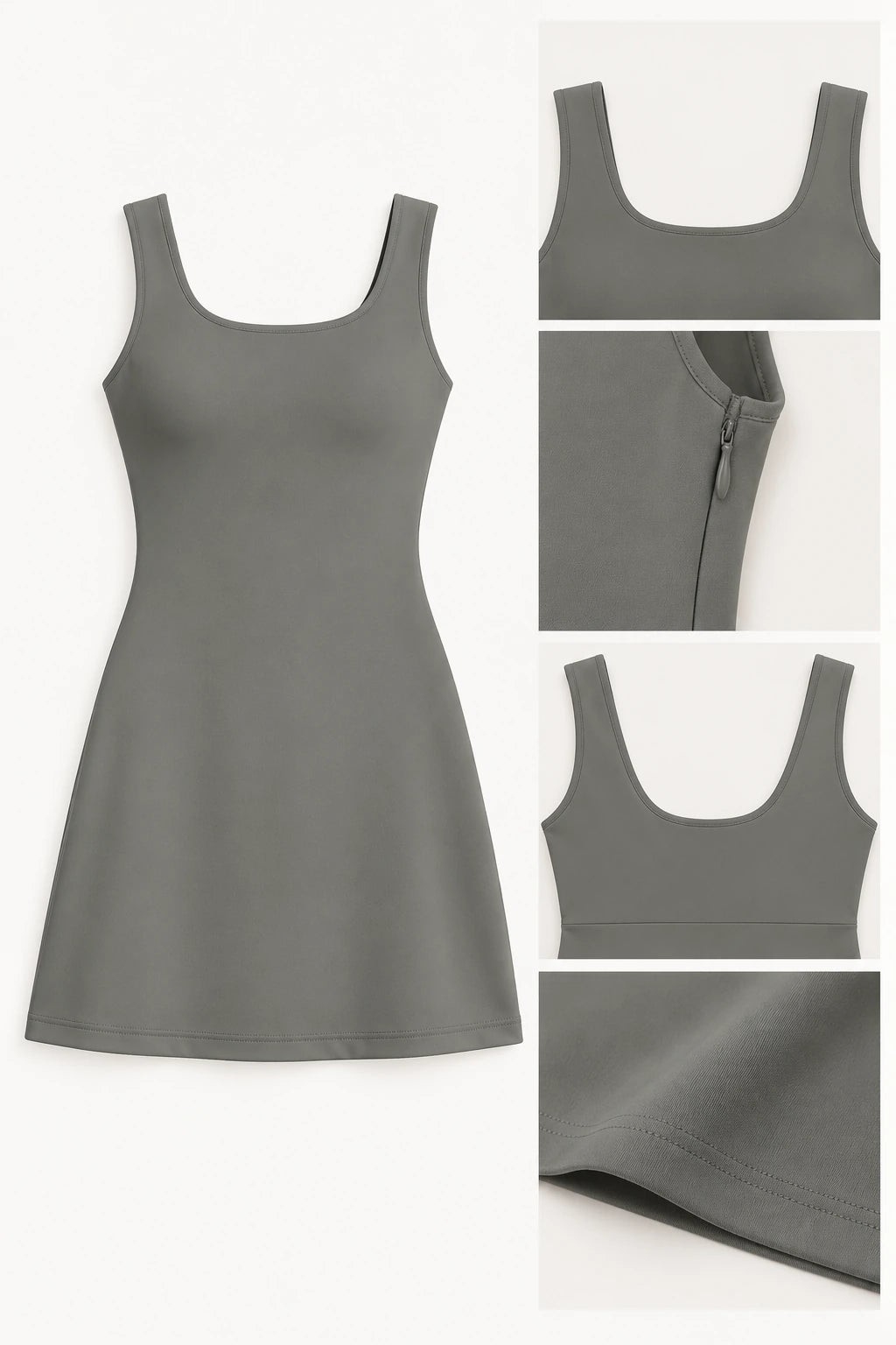 WEARHUB Polyester-Spandex Stretch Active Dress — Dust Grey, fabric and stitching details