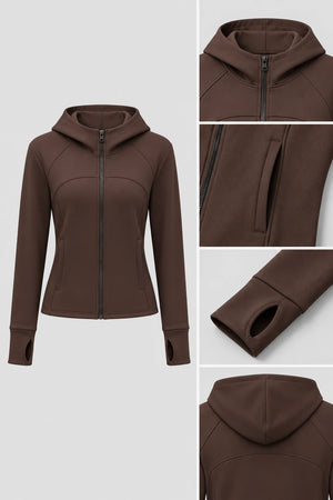 WEARHUB Polyester-Spandex Fleece-Lined Hooded Active Jacket — Black, fabric and stitching details