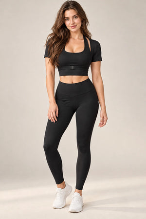WEARHUB Polyester-Spandex Halter Short-Sleeve Active Top — Starry Black, color front view