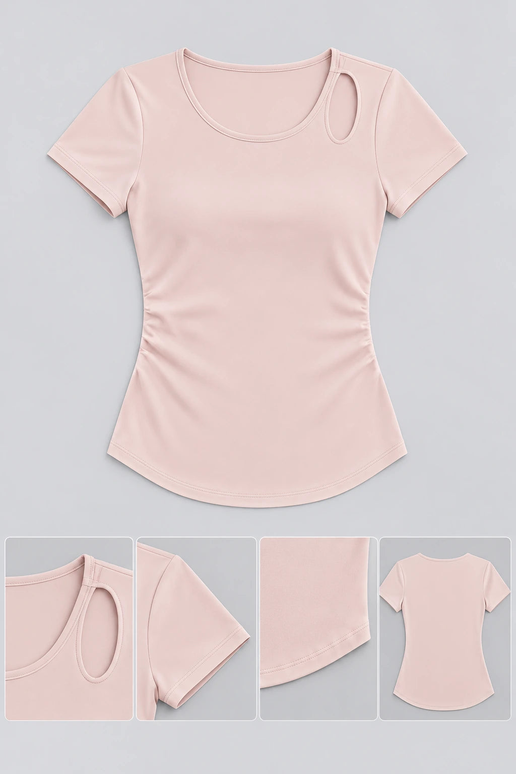 WEARHUB Polyester-Spandex Cutout Ruched Short-Sleeve Active Top — Starry Black, fabric and stitching details