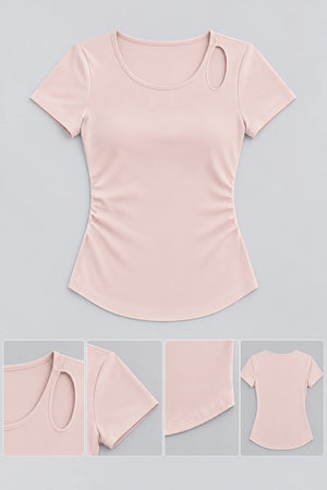 WEARHUB Polyester-Spandex Cutout Ruched Short-Sleeve Active Top — Starry Black, fabric and stitching details