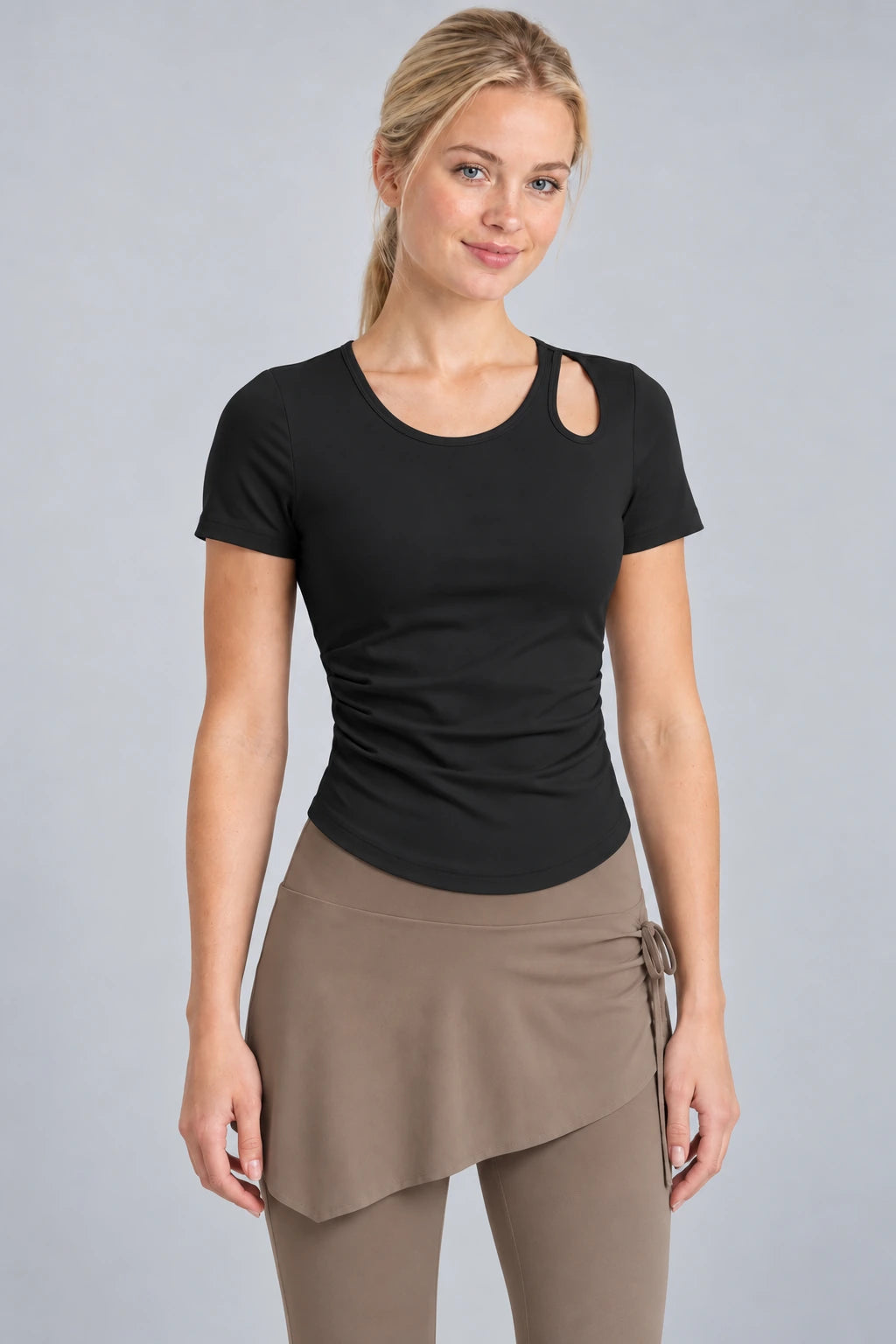 WEARHUB Polyester-Spandex Cutout Ruched Short-Sleeve Active Top — Starry Black, front view