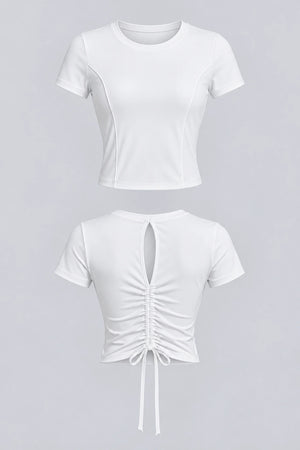 WEARHUB Polyester-Spandex Ruched-Back Short-Sleeve Active Top — product, details view