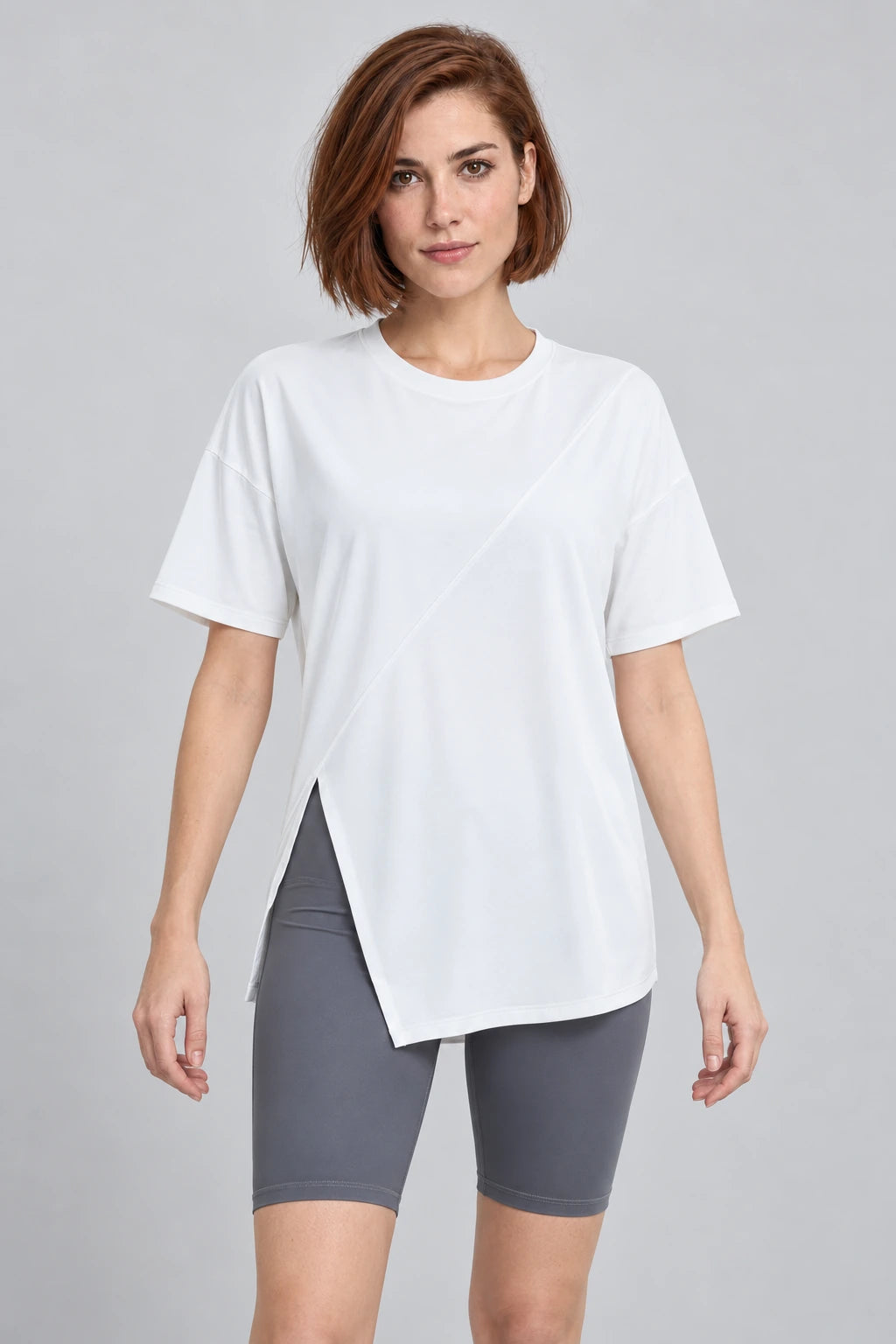 WEARHUB Polyester-Spandex Slit-Detail Relaxed Short-Sleeve Top — Black, front view