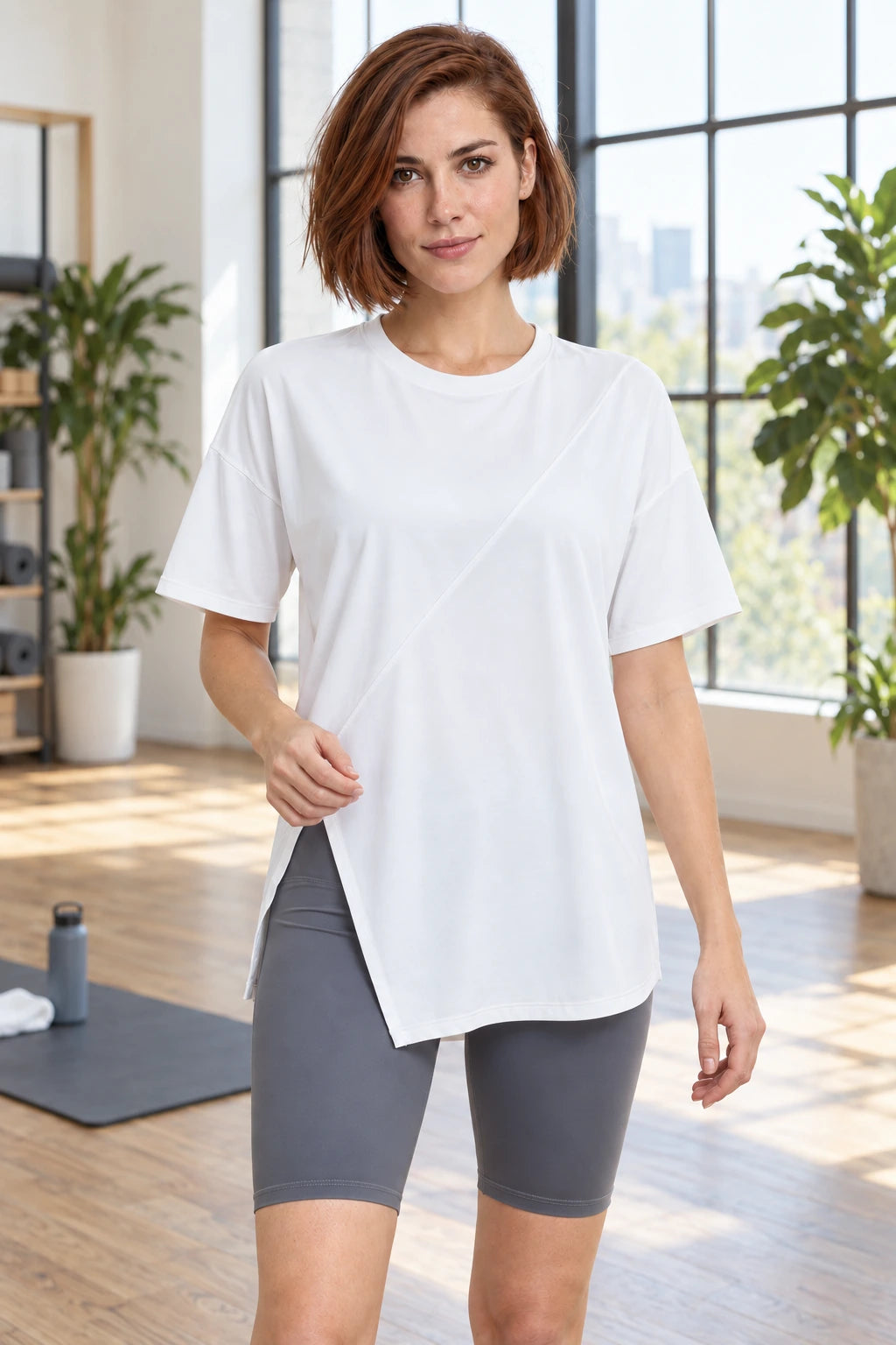 WEARHUB Polyester-Spandex Slit-Detail Relaxed Short-Sleeve Top — Black, lifestyle view