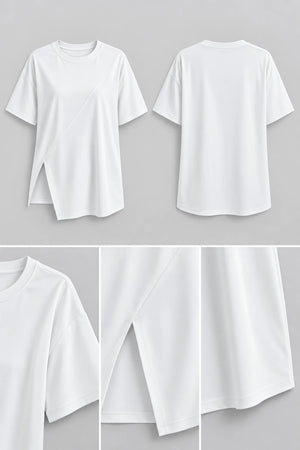 WEARHUB Polyester-Spandex Slit-Detail Relaxed Short-Sleeve Top — Black, fabric and stitching details