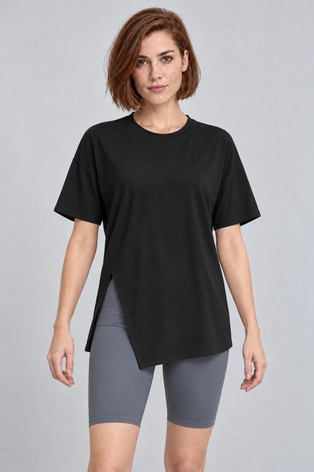 WEARHUB Polyester-Spandex Slit-Detail Relaxed Short-Sleeve Top — Black, front view