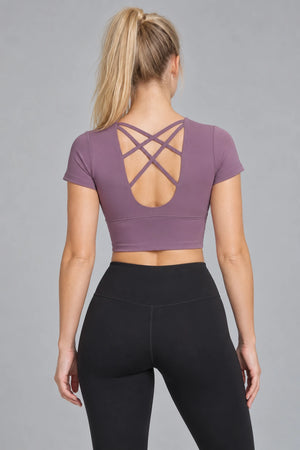 WEARHUB Polyester-Spandex Crisscross-Back Short-Sleeve Bra Top — Cardamom Green, back view