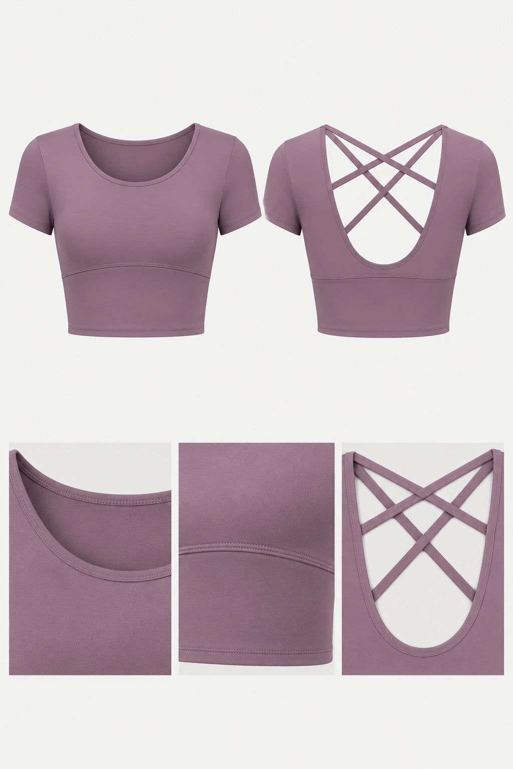 WEARHUB Polyester-Spandex Crisscross-Back Short-Sleeve Bra Top — Cardamom Green, fabric and stitching details