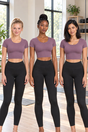 WEARHUB Polyester-Spandex Crisscross-Back Short-Sleeve Bra Top — Cardamom Green, shown on multiple models