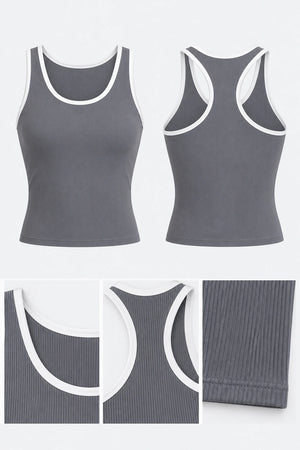 WEARHUB Polyester-Spandex Striped Racerback Active Tank — Black, fabric and stitching details