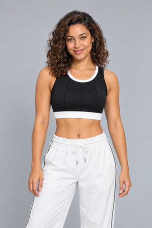 WEARHUB Polyester-Spandex Vertical-Stripe Color-Block Sports Bra — Starry Black, front view