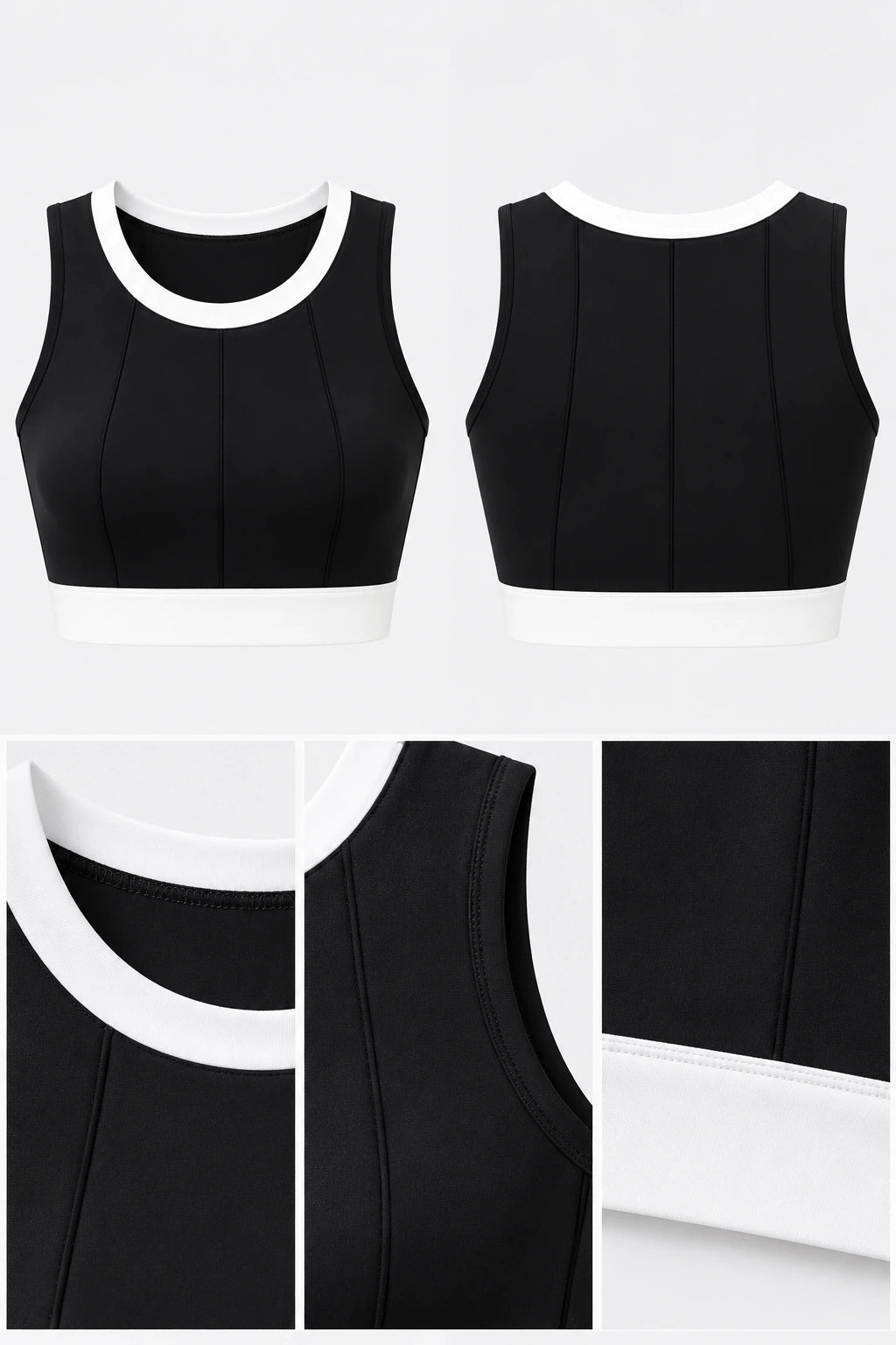 WEARHUB Polyester-Spandex Vertical-Stripe Color-Block Sports Bra — Starry Black, fabric and stitching details