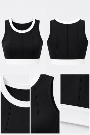 WEARHUB Polyester-Spandex Vertical-Stripe Color-Block Sports Bra — Starry Black, fabric and stitching details