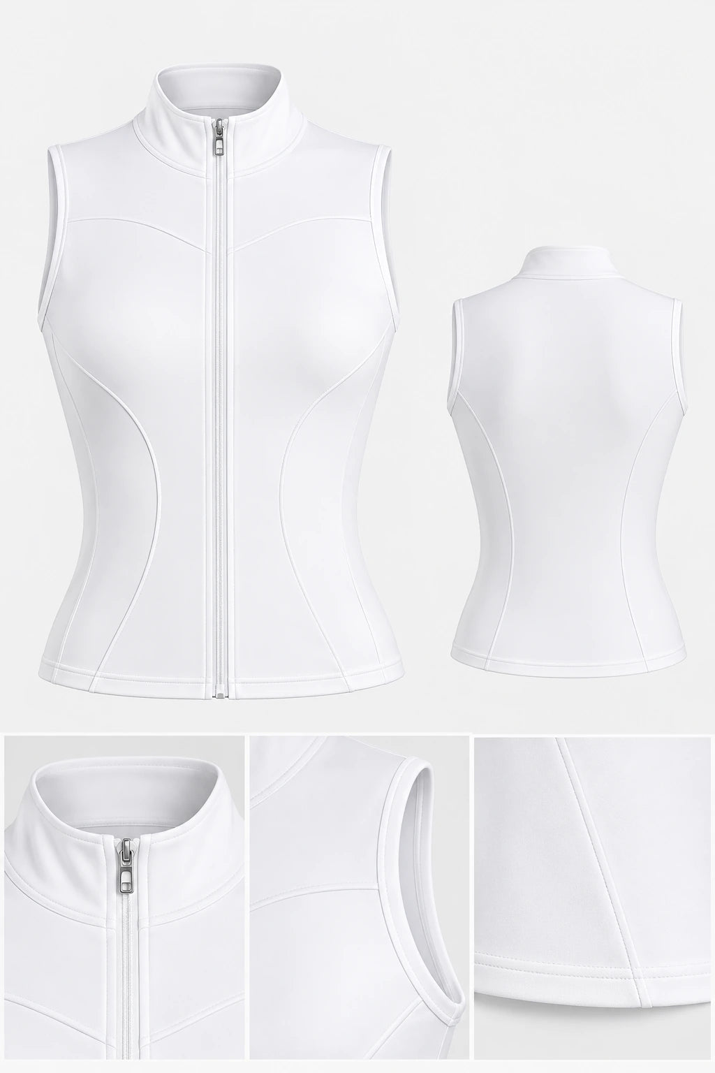 WEARHUB Polyester-Spandex Sleeveless Active Jacket — White, fabric and stitching details