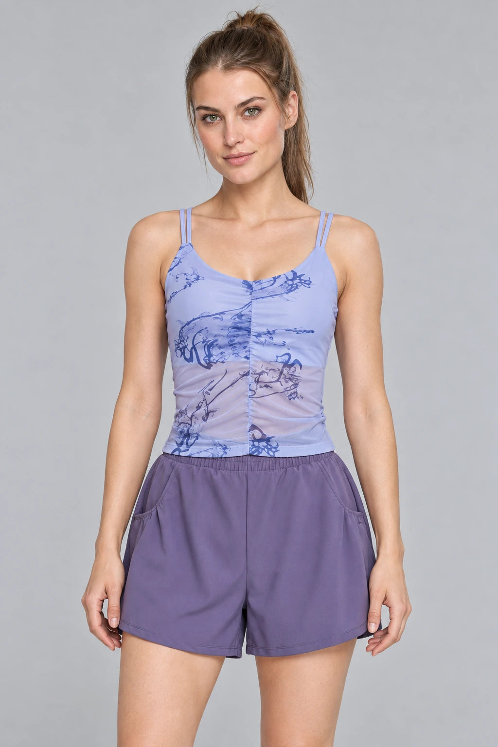 WEARHUB Polyester-Spandex Printed Mesh Active Tank — Azure, front view