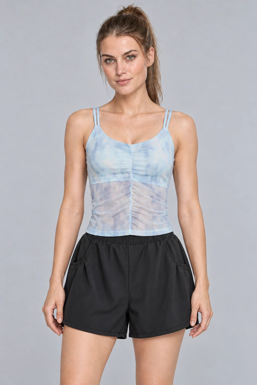 WEARHUB Polyester-Spandex Printed Mesh Active Tank — Azure, color front view