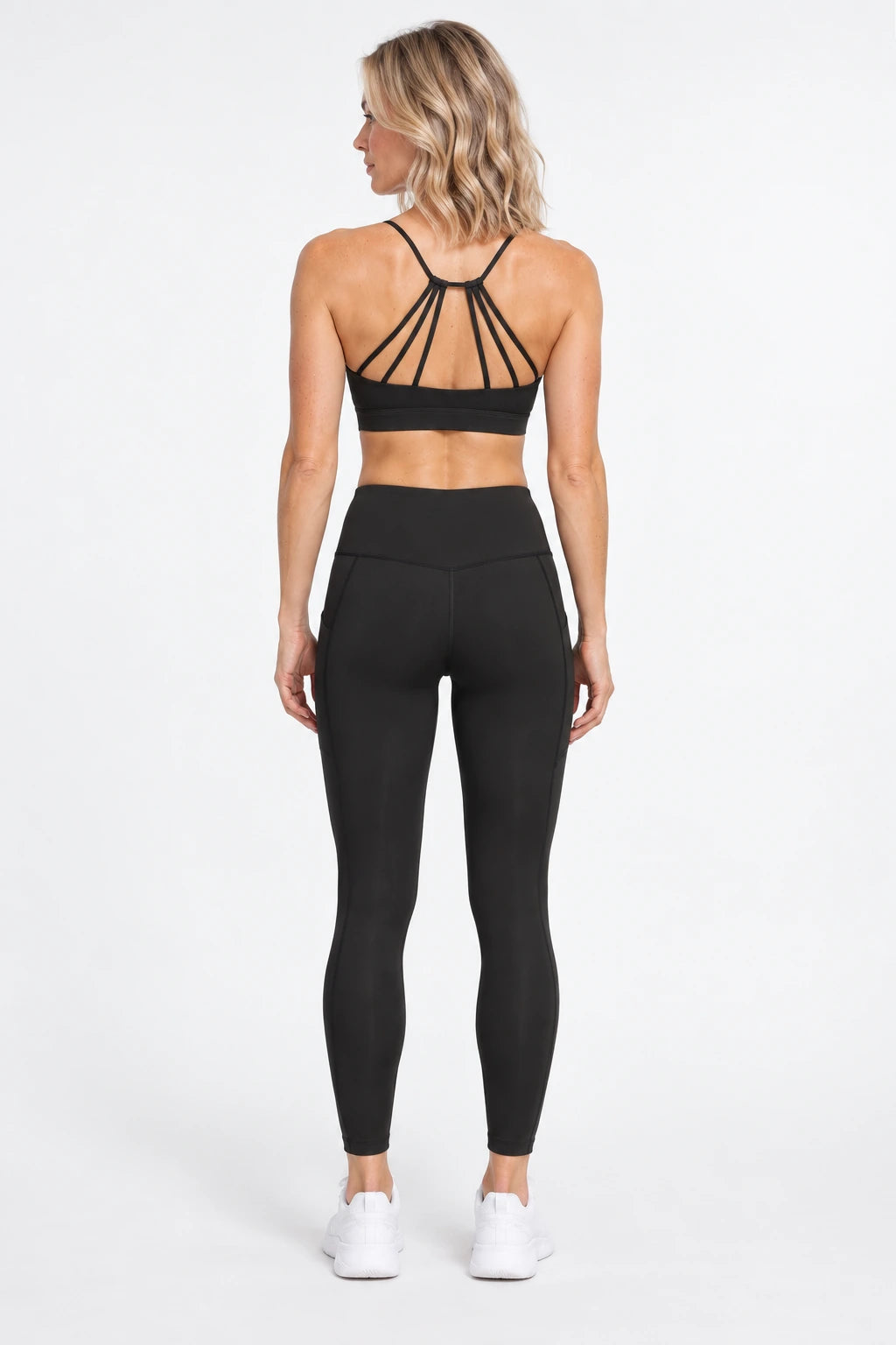 WEARHUB Polyester-Spandex Six-Strap Open-Back Sports Bra — White, back view
