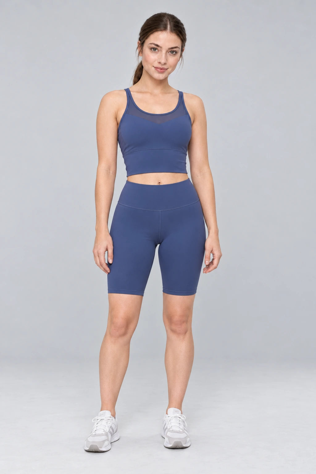 WEARHUB Polyester-Spandex Thin-Strap Mesh Sports Bra — Whale Blue, front view